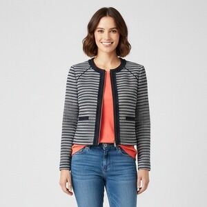 J.Crew Factory Striped Tweed Cropped Blazer Sz 12 Zip Jacket Navy Career Preppy